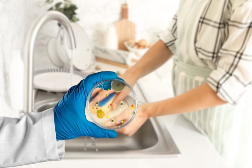 donna che lava piatti e vetrino con germi e batteri